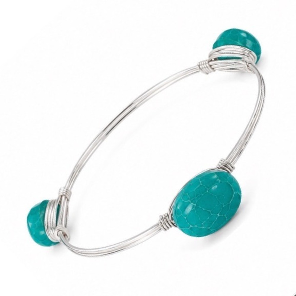 Wire Wrapped Bangle Bracelet Triple Acrylic Stones Silver Tone  Band Handmade